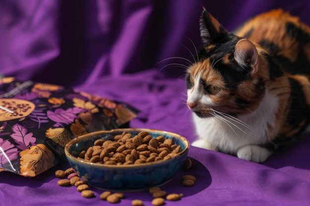 Un chat calico enjoué examine avec curiosité un bol de nourriture sèche pour chat sur un fond violet vibrant